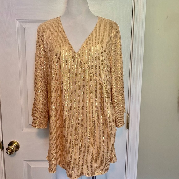 Gold Sequin 3/4 Sleeve V-Neck Top Glitter and Glam - Picture 1 of 10